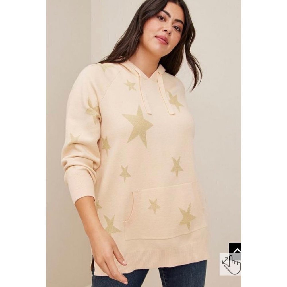 NWOT Woman's Plus Size Torrid Jacquard Pullover Hooded Sweater Ivory and Gold Si